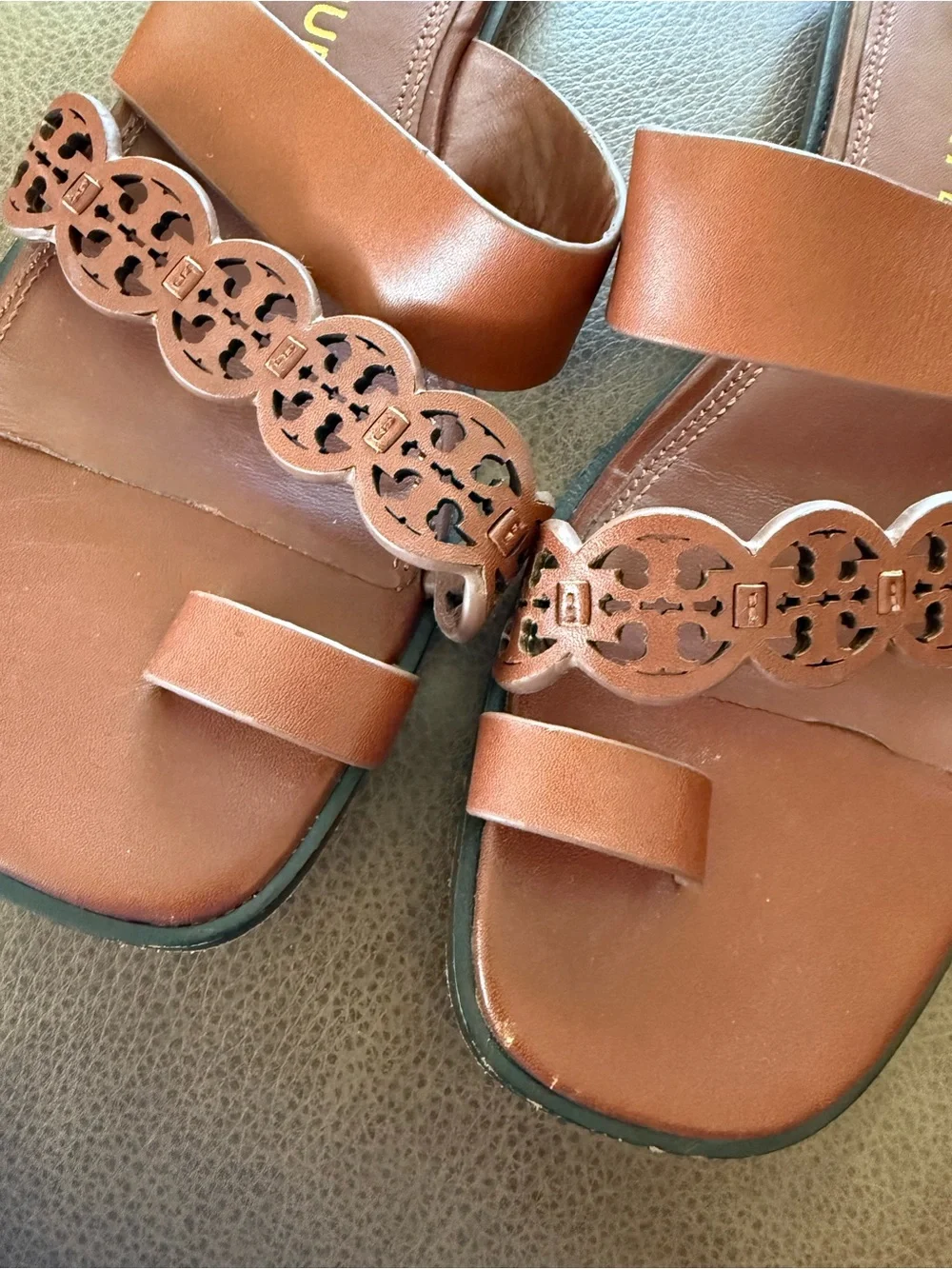 Tory Burch Tiny Miller leather toe-ring slides in tan/ brown color